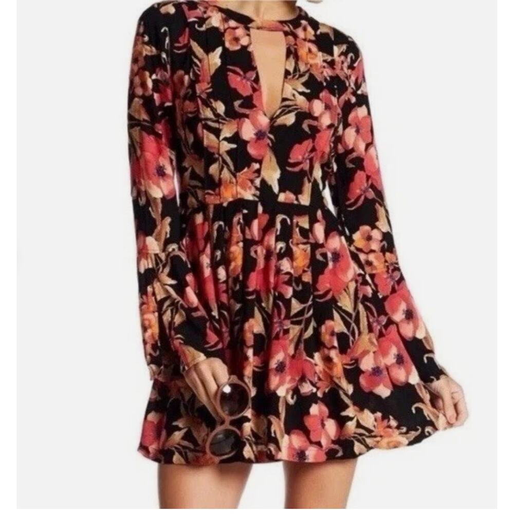 Free People Tegan Border Printed Mini Dress Floral Boho Bell Sleeves Pleated 4